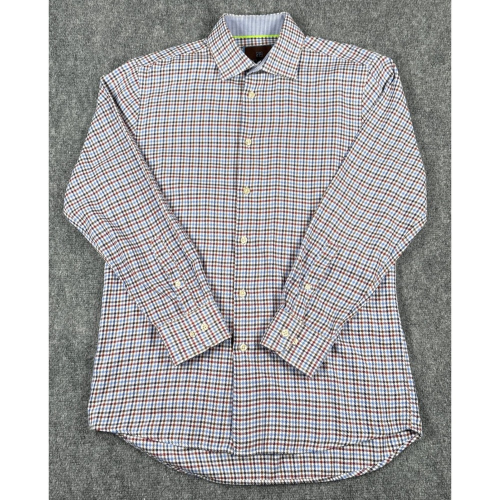 Tattersall London Mens Blue Brown Plaid Button Down Dress Shirt 15.5 32/33